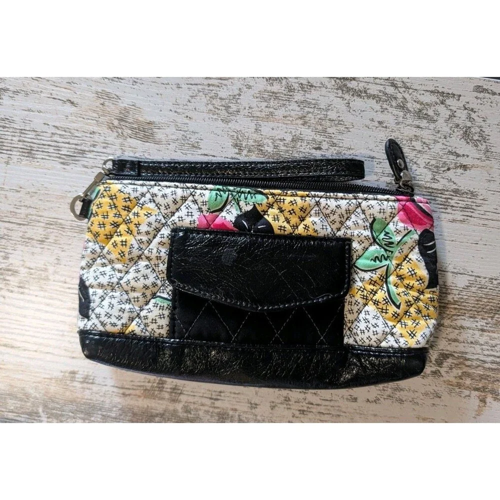 Vera Bradley Wristlet Wallet Quilted Black Floral Patent Trim All In One